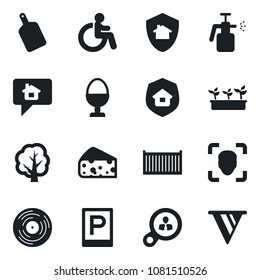 Set of vector isolated black icon - parking vector, disabled, tree, seedling, garden sprayer, cargo container, vinyl, face id, estate insurance, egg stand, cutting board, cheese, home protect