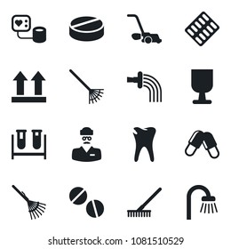Set of vector isolated black icon - rake vector, watering, lawn mower, blood pressure, test vial, pills, blister, caries, doctor, fragile, up side sign, bathroom