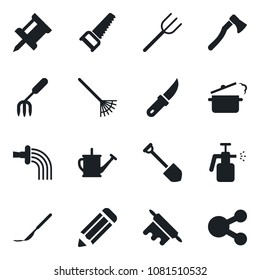 Set of vector isolated black icon - job vector, pencil, garden fork, farm, rake, watering can, saw, knife, axe, sprayer, scalpel, drawing pin, rolling, steaming pan, social media