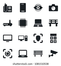 Set of vector isolated black icon - camera vector, calculator, notebook pc, bench, monitor, laptop, radio phone, back, face id, eye, chip, router, surveillance