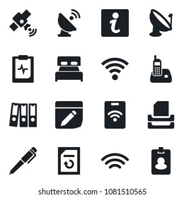 Set of vector isolated black icon - document reload vector, pulse clipboard, satellite antenna, radio phone, notes, wireless, paper binder, tray, pen, bedroom, information, pass card