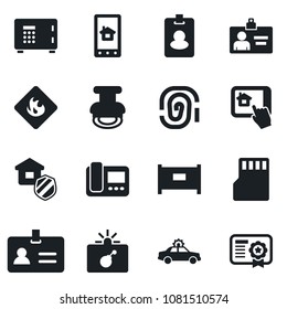 Set of vector isolated black icon - fence vector, alarm car, bomb in case, identity, safe, card, flammable, sd, stamp, estate insurance, intercome, home control app, pass, fingerprint, certificate
