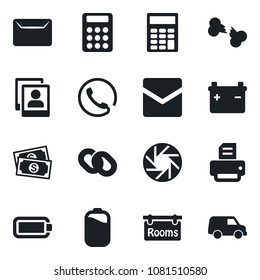 Set of vector isolated black icon - printer vector, broken bone, cash, chain, mobile camera, mail, photo gallery, battery, calculator, rooms, phone, car