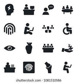 Set of vector isolated black icon - brainstorm vector, meeting, manager place, disabled, real heart, eye, joint, speaker, fingerprint id, desk, group, palm sproute, man with notebook
