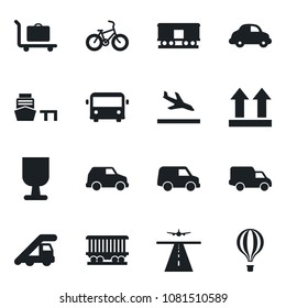 Set of vector isolated black icon - runway vector, arrival, baggage trolley, airport bus, ladder car, bike, railroad, delivery, sea port, fragile, up side sign, air balloon