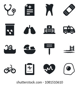 Set of vector isolated black icon - plant label vector, seeds, heart pulse, diagnosis, stethoscope, patch, ambulance car, bike, lungs, caries, clipboard, hospital, pool, salad, omelette