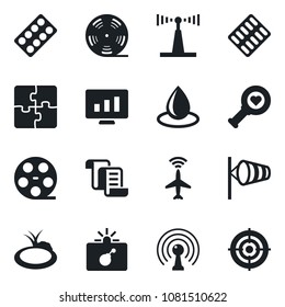 Set of vector isolated black icon - plane radar vector, bomb in case, wind, contract, statistic monitor, water drop, pond, heart diagnostic, pills blister, reel, antenna, application, target