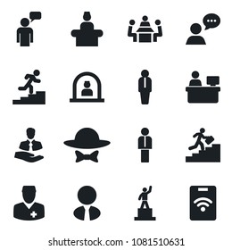 Set of vector isolated black icon - reception vector, manager, speaking man, pedestal, place, doctor, client, speaker, meeting, career ladder, estate agent, dress code, pass card