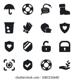Set of vector isolated black icon - trash bin vector, glove, boot, hose, heart shield, umbrella, lock, eye id, home protect, crisis management, palm sproute