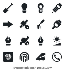 Set of vector isolated black icon - right arrow vector, ladder car, bulb, garden fork, shovel, satellite, hdmi, brightness, fingerprint id, ink pen, pencil, phone
