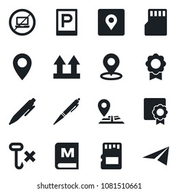 Set of vector isolated black icon - parking vector, no laptop, pen, navigation, pin, up side sign, hook, sd, place tag, sertificate, menu, paper plane