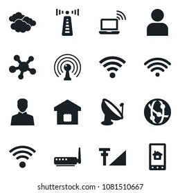 Set of vector isolated black icon - antenna vector, wireless notebook, clouds, satellite, network, share, user, cellular signal, smart home, router, control app