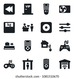 Set of vector isolated black icon - baggage conveyor vector, passport control, security gate, scales, gamepad, remote, rewind, rec button, tuning, air conditioner, vip zone, home, garage