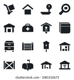 Set of vector isolated black icon - bird house vector, doctor case, container, cargo, warehouse storage, heavy scales, search, blank box, archive, mailbox, garage gate control