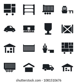 Set of vector isolated black icon - truck trailer vector, cargo container, car delivery, sea port, consolidated, fragile, warehouse storage, rack, railroad