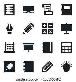 Set of vector isolated black icon - book vector, calculator, notepad, presentation board, pencil, contract, notes, copybook, abacus, ink pen, shining head
