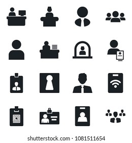 Set of vector isolated black icon - female vector, reception, identity card, manager place, patient, user, desk, estate agent, pass, group