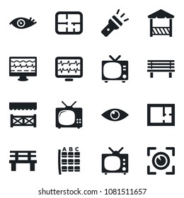 Set of vector isolated black icon - tv vector, seat map, bench, monitor pulse, eye, torch, plan, alcove, scan
