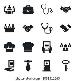 Set of vector isolated black icon - medical room vector, handshake, team, document, stethoscope, meeting, cook hat, case, tie