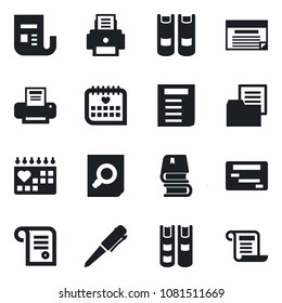 Set of vector isolated black icon - book vector, document search, pen, medical calendar, folder, news, printer, schedule, contract