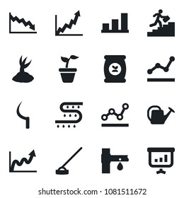 Set of vector isolated black icon - seedling vector, watering can, sproute, hoe, sickle, fertilizer, drip irrigation, bar graph, point, career ladder, growth, crisis, presentation