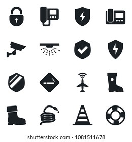 Set of vector isolated black icon - plane radar vector, smoking place, border cone, lock, boot, hose, shield, protect, intercome, surveillance, sprinkler, crisis management
