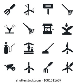 Set of vector isolated black icon - garden fork vector, rake, wheelbarrow, well, hoe, plant label, sprayer, windmill, irrigation