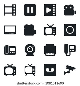 Set of vector isolated black icon - film frame vector, tv, video camera, pause button, hdmi, record, web, intercome, surveillance