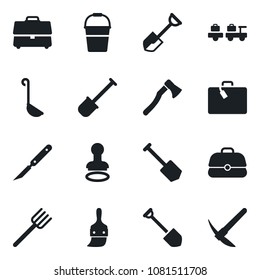 Set of vector isolated black icon - suitcase vector, stamp, baggage larry, job, shovel, farm fork, bucket, axe, scalpel, themes, case, ladle, hard work