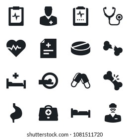 Set of vector isolated black icon - bed vector, heart pulse, doctor case, diagnosis, stethoscope, pills, tomography, hospital, stomach, broken bone, clipboard