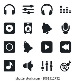 Set of vector isolated black icon - speaker vector, settings, equalizer, microphone, headphones, play button, rewind, rec, tuning, bell, record, music