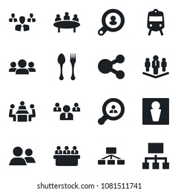 Set of vector isolated black icon - spoon and fork vector, train, male, team, meeting, group, company, client search, social media, hierarchy