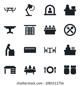 Set of vector isolated black icon - cafe vector, baby room, reception, flight table, desk, meeting, manager place, picnic, lamp, reserved, salt and pepper