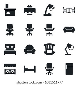 Set of vector isolated black icon - cafe vector, office chair, fireplace, desk lamp, bedroom, children room, cushioned furniture, restaurant table, alcove, fridge
