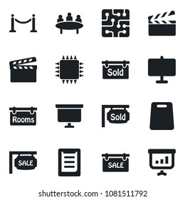 Set of vector isolated black icon - fence vector, presentation board, meeting, clipboard, clapboard, sale, rooms, sold signboard, cutting, chip
