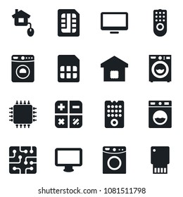 Set of vector isolated black icon - washer vector, calculator, monitor, sim, smart home, control, chip, remote, usb flash