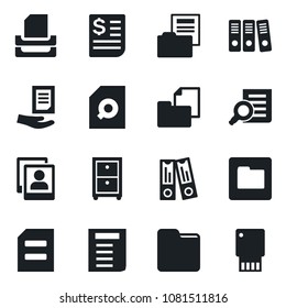 Set of vector isolated black icon - office binder vector, document search, receipt, folder, photo gallery, paper, tray, archive box, usb flash