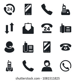 Set of vector isolated black icon - mobile phone vector, office, 24 hours, support, radio, mail, call, data exchange