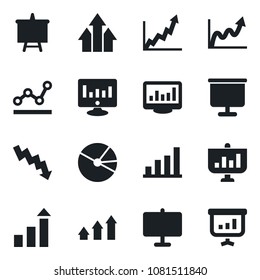 Set of vector isolated black icon - growth statistic vector, presentation board, crisis graph, monitor, statistics, bar, pie, point, arrow up