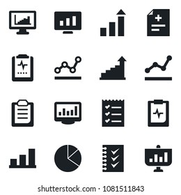 Set of vector isolated black icon - growth statistic vector, monitor, diagnosis, pulse clipboard, statistics, bar graph, pie, checklist, point, presentation