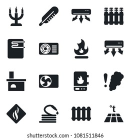 Set of vector isolated black icon - fire vector, hose, fireplace, thermometer, air conditioner, candle, water heater, smoke detector, radiator, warm floor