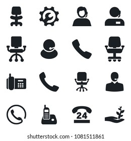 Set of vector isolated black icon - office chair vector, phone, 24 hours, support, radio, call, root setup, palm sproute