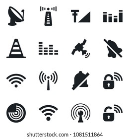 Set of vector isolated black icon - antenna vector, border cone, radar, satellite, equalizer, wireless, mute, cellular signal, lock