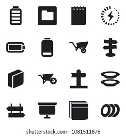 Set of vector isolated black icon - signpost vector, notepad, presentation board, wheelbarrow, battery, low, folder, charge, blank box, plates