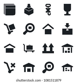 Set of vector isolated black icon - baggage trolley vector, fragile, cargo, warehouse storage, up side sign, no, hook, package, search, blank box