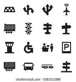 Set of vector isolated black icon - airport tower vector, plane radar, taxi, bus, parking, passport control, disabled, route, signpost, traffic light, truck trailer, guidepost