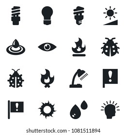 Set of vector isolated black icon - bulb vector, lady bug, fire, sun, eye, important flag, brightness, desk lamp, water, energy saving, shining head