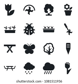 Set of vector isolated black icon - flower in pot vector, ripper, tree, butterfly, lady bug, seedling, rain, plant label, picnic table, tulip