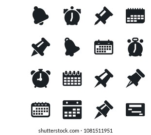 Set of vector isolated black icon - alarm clock vector, drawing pin, calendar, term, paper, bell, schedule