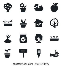 Set of vector isolated black icon - flower in pot vector, seedling, tree, sproute, plant label, fertilizer, fruit, salad, apple, eco house, palm